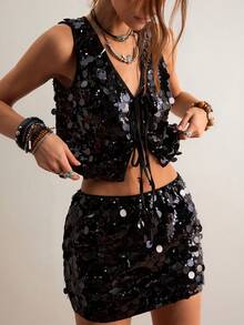 Freevana Women's Solid Color Sequin Front Tie Vest And Mini Skirt 2-Piece Set, Suitable For Party - Black - View 2