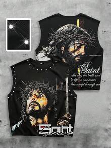 ROMWE MEN Street Life 男士个性街头风无袖背心，耶稣信仰图案印花圆领宽肩休闲背心，必备街头服饰 - 彩色 - 查看 3