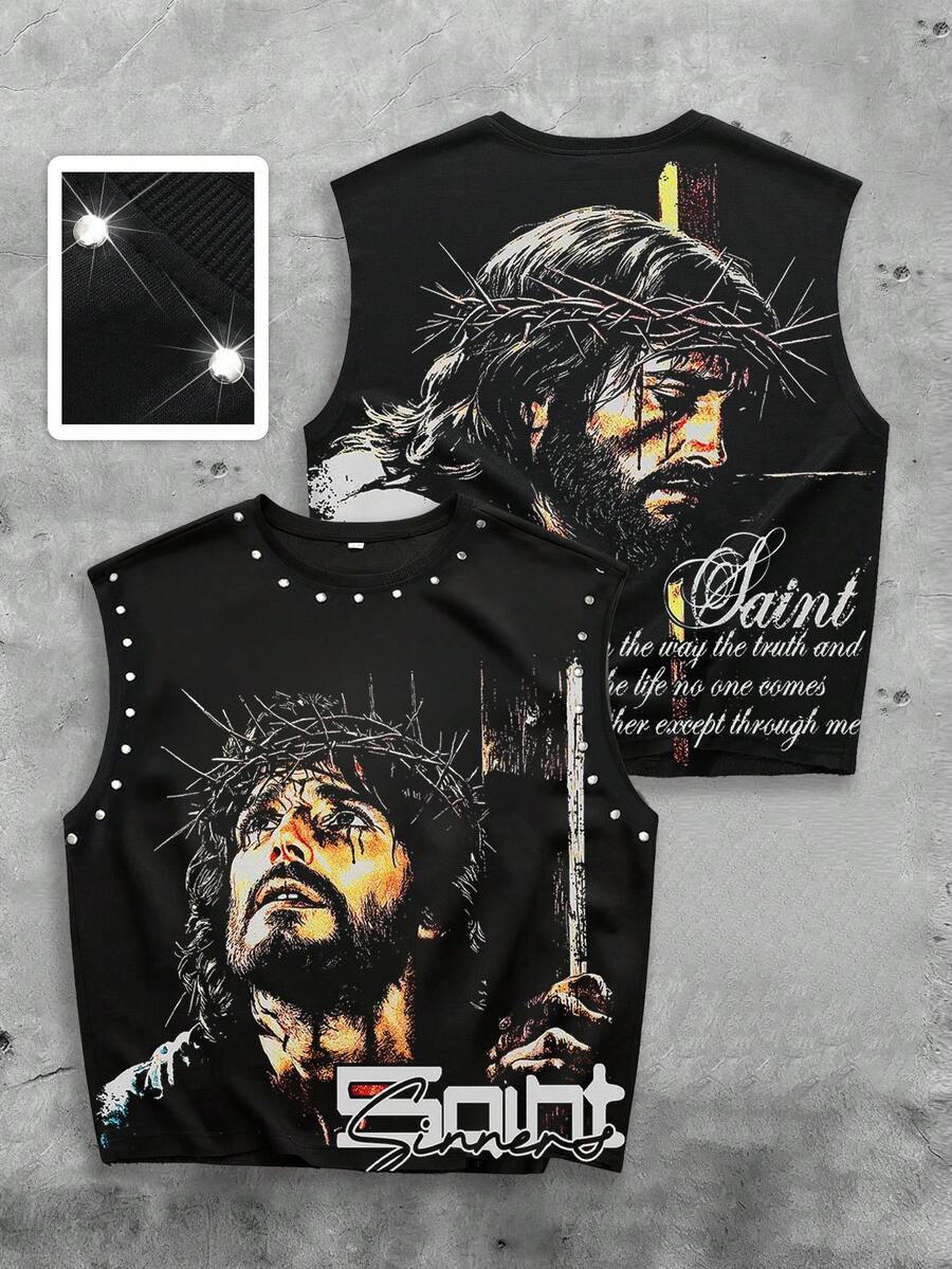 ROMWE MEN Street Life 男士个性街头风无袖背心，耶稣信仰图案印花圆领宽肩休闲背心，必备街头服饰 - 彩色 - 查看 1