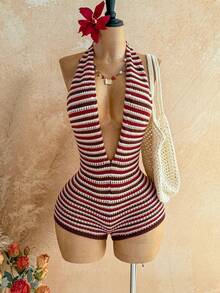 Soleia Women's Striped Pattern Halter Neck Bodycon Sexy Sleeveless Sweater Jumpsuit - Multicolor - View 4