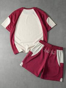 PAVTROS 男士街头风时尚短袖T恤短裤套装（2件套），复古学院风，针织短袖T恤，圆领T恤，松紧腰抽绳短裤，针织运动套装，十字架和标语图案，复古美式，运动撞色，哥特字体，宽松版型，街头舞者/说唱歌手服装，慵懒休闲套装，男女皆宜，男友礼物，节日礼物 - 彩色 - 查看 2