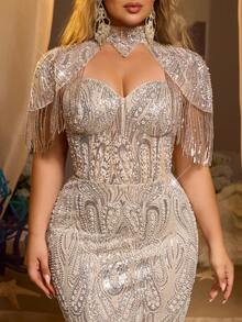 Glamrae 大码优雅奢华香槟色珠饰亮片美人鱼连衣裙，流苏袖设计，适合婚礼、派对、度假、晚宴、正式晚装（装饰繁复） - 香檳色 - 查看 8