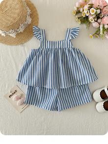 Baby Girl Vacation Casual Cute Blue & White Striped Flutter Sleeve Top And Shorts Set - Blue - View 3