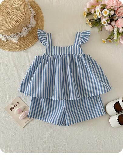 Baby Girl Vacation Casual Cute Blue & White Striped Flutter Sleeve Top And Shorts Set