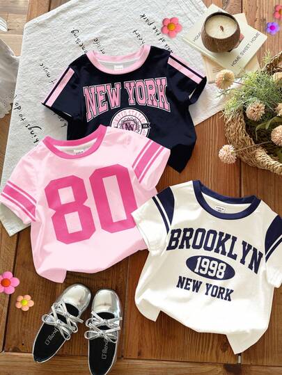 SHEIN 3pcs/Set Baby Girl Retro Sporty Colorblock Graphic Tees, White, Light Pink, Navy Blue, Casual Crew Neck Short Sleeve T-Shirts, Suitable For Spring/Summer Daily Wear, Streetwear, Outings, Home, Vacation, Homecoming, Spring & Summer Fashion, Summer, Easy Comfort, Layers For, Stylish, Casual Wear, Sports Graphic T-Shirts, Back To School, Spring & Summer Clothes, Chic