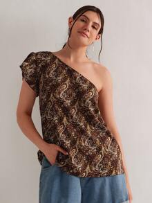 SHEIN VCAY 大码度假短袖单肩佩斯利印花衬衫 - 棕色 - 查看 5