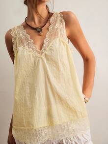 Freevana Women's Pale Yellow Summer Elegant Tea Party Boho Deep V-Neck Lace Trim Cotton Textured Loose Cami Top Sleeveless Babydoll Vintage Blouse - Pale Yellow - View 12