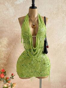 Soleia Bộ 2 món gồm áo yếm và chân váy ngắn đính sequin lấp lánh, ôm sát người, thích hợp cho các lễ hội âm nhạc, tiệc tùng, Tết Nguyên đán, dạ hội thường niên, Giáng sinh, Halloween. - màu xanh lá - Xem 1