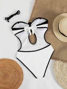 Bonvoyette New Arrival Spring/Summer Small Stripe Black & White Contrast Spaghetti Strap Hollow-Out Viral One-Piece Swimsuit Black And White Swimsuit Cutout One Piece Swimsuit One Piece Bathing Suit - Black and White - View 4