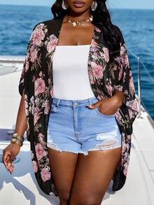 SHEIN CURVE+ Damen Große Größen Sommer Strand Land Konzert Damen Floral Kimono Hawaiihemd - Verschiedenfarbig - Übersicht 3