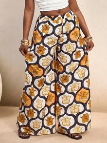 BamGleam Elastic Waist Retro Floral Retro Print Design Loose Wide Leg Summer Pants - Multicolor - View 1