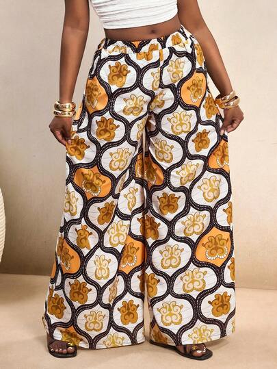 BamGleam Elastic Waist Retro Floral Retro Print Design Loose Wide Leg Summer Pants
