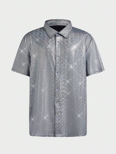 EASEVO Plus Size Men's Single-Breasted Short Sleeve Shirt With Embossed Silver Plaid Pattern