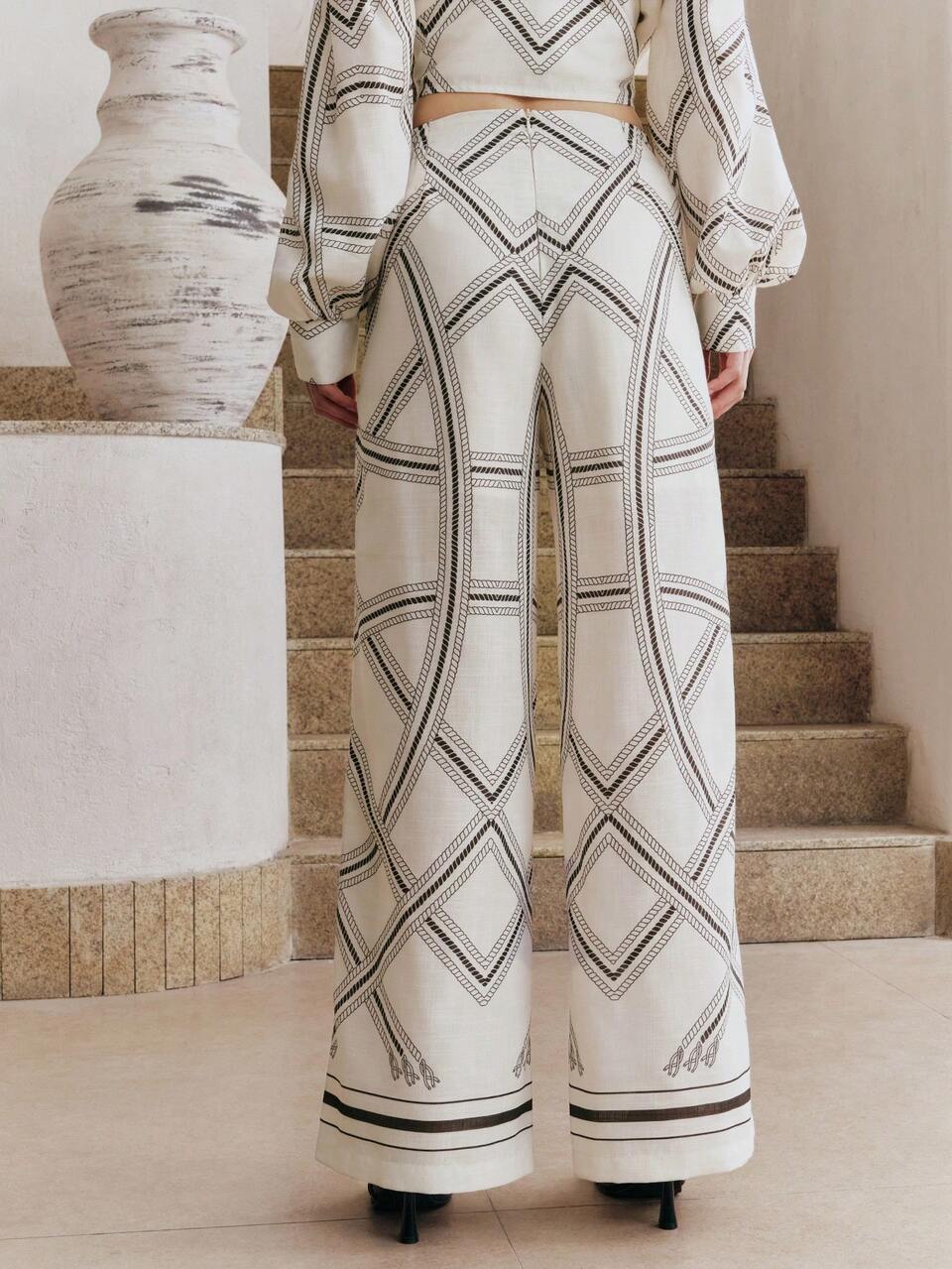 Anewsta Elegant Niche Random Geometric Print Design Artistic Wide-Leg High Waist Casual Pants For Women
