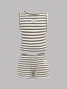 SHEIN Bộ đồ 2 món cho bé gái tuổi teen: áo tank top và quần short kẻ sọc đen trắng, trang phục thường ngày đa năng. - Đen và trắng - Xem 9