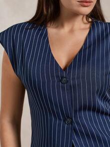 Briarwyn Women's Casual, Work, Commute V-Neck Striped Print Fitted Blouse And Belted Wide Leg Pants Set, Spring/Summer - Navy Blue - View 7