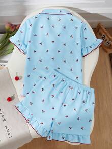 Genkimix Kids Summer Clothes  Tween Girls Pajamas Set, Comfortable & Fashionable Cherry Print Ruffle Trim Elegant Short Sleeve Shorts 2 Pieces Sleepwear - Baby Blue - View 8