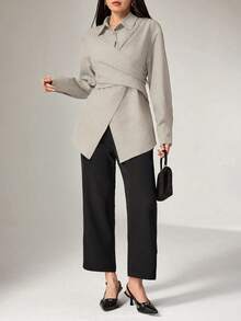 Heiryn 女式纯色长袖休闲交叉衬衫，秋季 - 杏色 - 查看 6