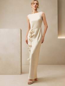Anewsta 女士优雅圆领无袖连衣裙，配可拆卸腰间花朵腰带，缎面质感 - 米色 - 查看 3
