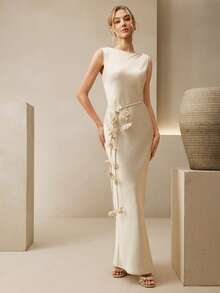 Anewsta 女士优雅圆领无袖连衣裙，配可拆卸腰间花朵腰带，缎面质感 - 米色 - 查看 6