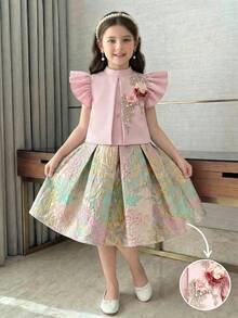 Girls Light Pink Summer Party Elegant Set,3D Floral Applique Ruffle Armhole Puff Sleeve Top And Jacquard Skirt,Pastel Flower Embroidered Blouse Dress - Pink - View 1