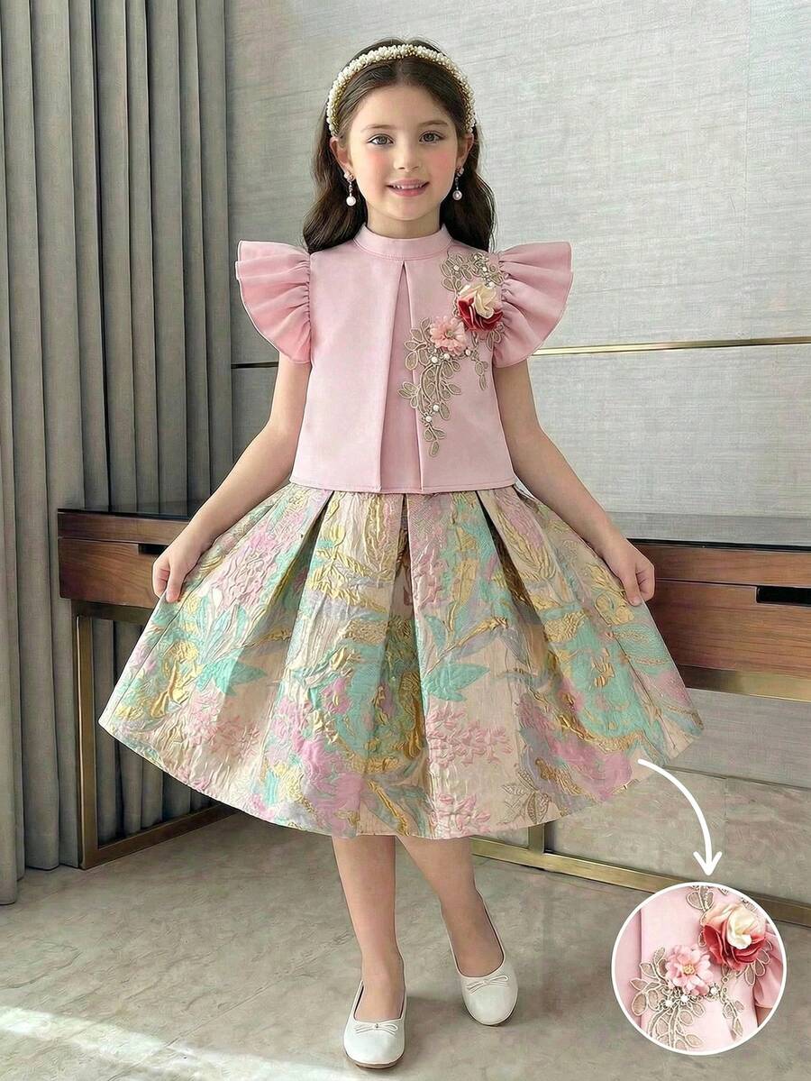 Girls Light Pink Summer Party Elegant Set,3D Floral Applique Ruffle Armhole Puff Sleeve Top And Jacquard Skirt,Pastel Flower Embroidered Blouse Dress - Pink - View 1
