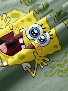 SpongeBob SquarePants | SHEIN Camiseta de manga corta informal con estampado de letras de dibujos animados para niño, verano - Blanco - Ver 6