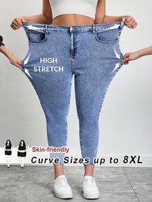 SHEIN CURVE+ 大尺碼女款淺藍色夏季休閒寬鬆版型鬆緊腰高彈力牛仔褲 百搭時尚 Y2K 街頭風 曲線顯瘦 8XL 外出穿搭 - 藍色 - 查看 2