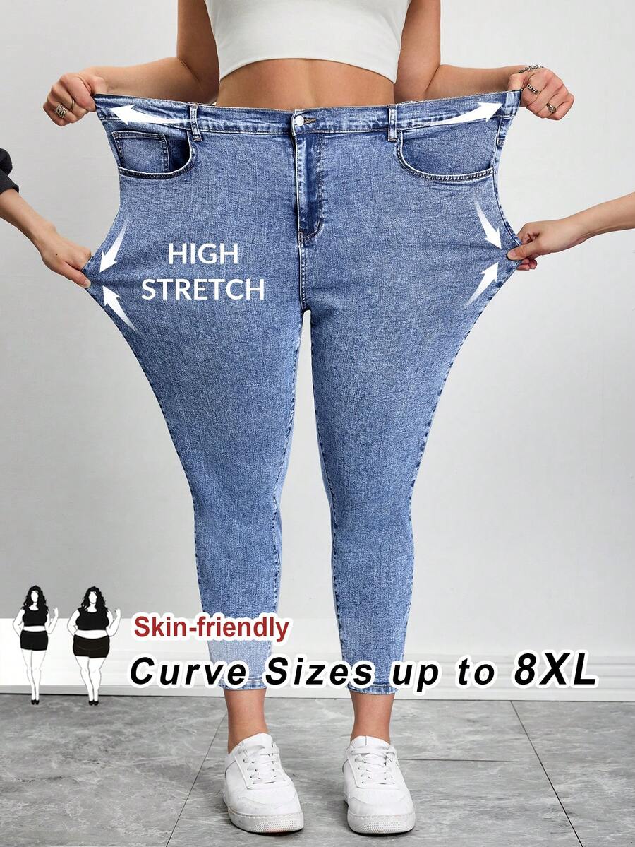 SHEIN CURVE+ 大尺碼女款淺藍色夏季休閒寬鬆版型鬆緊腰高彈力牛仔褲 百搭時尚 Y2K 街頭風 曲線顯瘦 8XL 外出穿搭