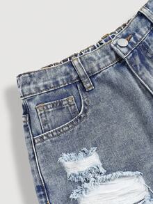 Girlism 千禧年少女春夏复古水洗低腰破洞毛边宽松牛仔短裤，适合夏季波西米亚风海滩音乐会、锐舞节等场合，夏季可爱短裤，夏季假期，春季，海滩，休闲度假，情人节，适合春夏季节，复古/海滩/海洋/优雅毕业季，休闲，夏季假期，春季，海滩 - 淺色水洗藍 - 查看 5