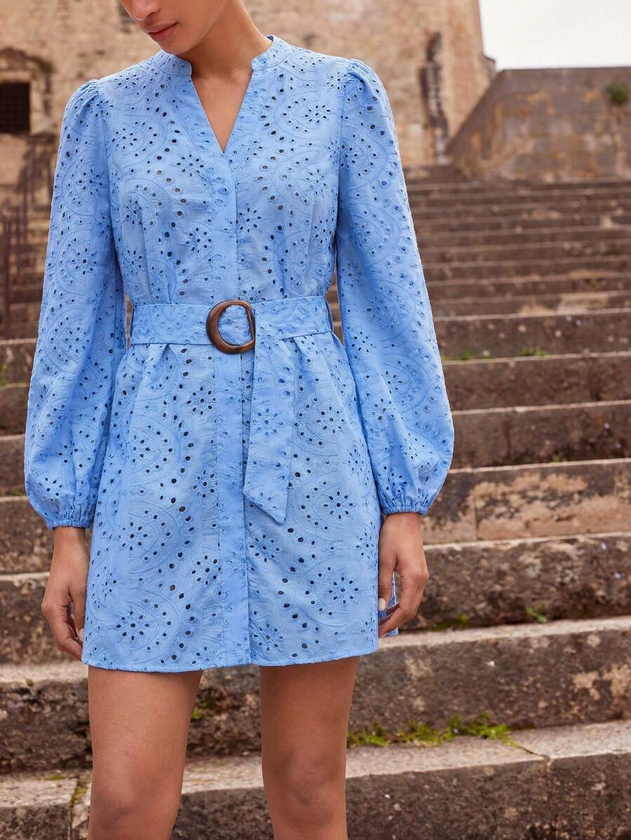 Maija Women's Hollow Embroidery Lantern Sleeve V-Neck Casual Short Dress - Blue - View 1