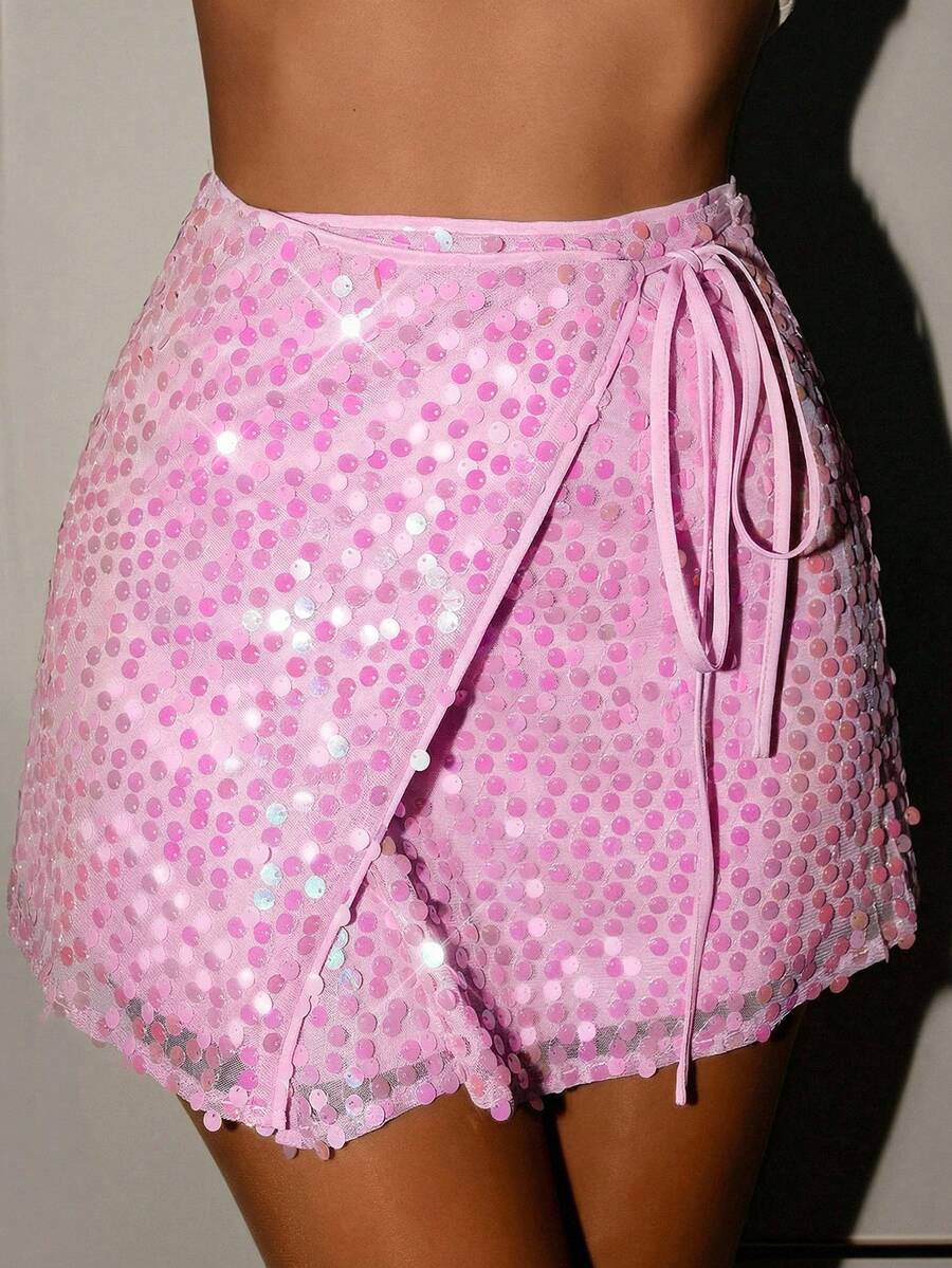 Glamine 女士百搭亮片迷你裙，适合海滩、度假和约会穿着 - 粉色 - 查看 1