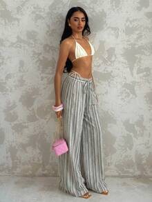 Glamine 女士条纹亚麻裤，休闲沙滩度假乡村宽松阔腿裤，优雅自然，夏季 - 綠色 - 查看 5