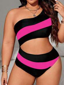 Swim Lushoire 大码女式拼接镂空性感休闲度假泳衣 - 玫紅色 - 查看 1