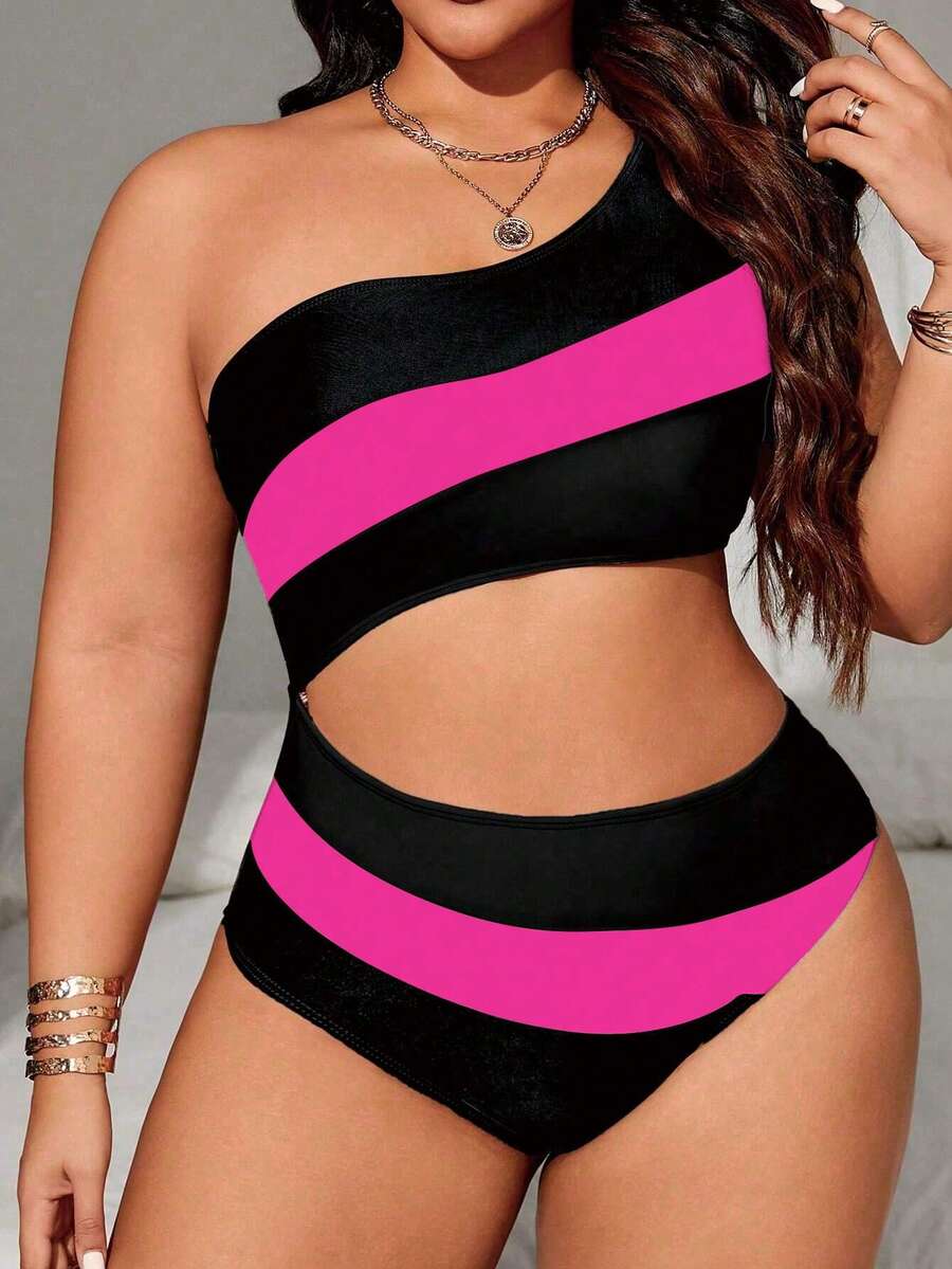 Swim Lushoire 大码女式拼接镂空性感休闲度假泳衣 - 玫紅色 - 查看 1