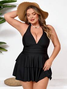 SHEIN CURVE+ 大码女士黑色吊带荷叶边沙滩度假泳衣套装 - 黑色 - 查看 5