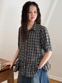 DAZY Tween Girls Plaid Collar Short Sleeve Shirt, Fall - Black and White - View 4