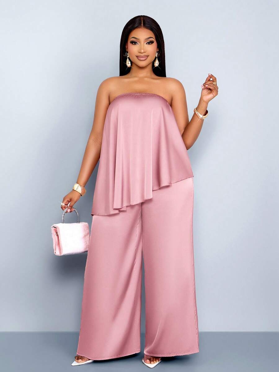 SOLERSUN Plus Size Women's Elegant Dusty Pink Summer 2 Piece Sets Curve Strapless Asymmetrical Ruffled Top & Wide-Leg Satin Suit For Cocktail Party Vacations - Dusty Pink - View 1