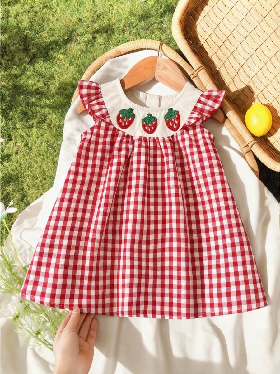 LMoss Kids 女婴草莓格子休闲连衣裙 - 紅白色 - 查看 1