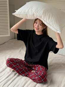 Dazy Kids Teen Girl Solid Color Round Neck Loose Top And Plaid Print Pants Pajama Set Summer - Black - View 2