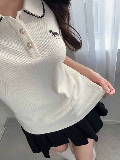 FRIFUL Women's Unicorn Pattern Polo Collar Short Sleeve Casual T-Shirt