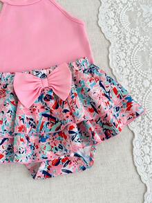 SHEIN Baby Girl Solid Color & Graphic Print Bow Decor Skirt Set - Pink - View 9
