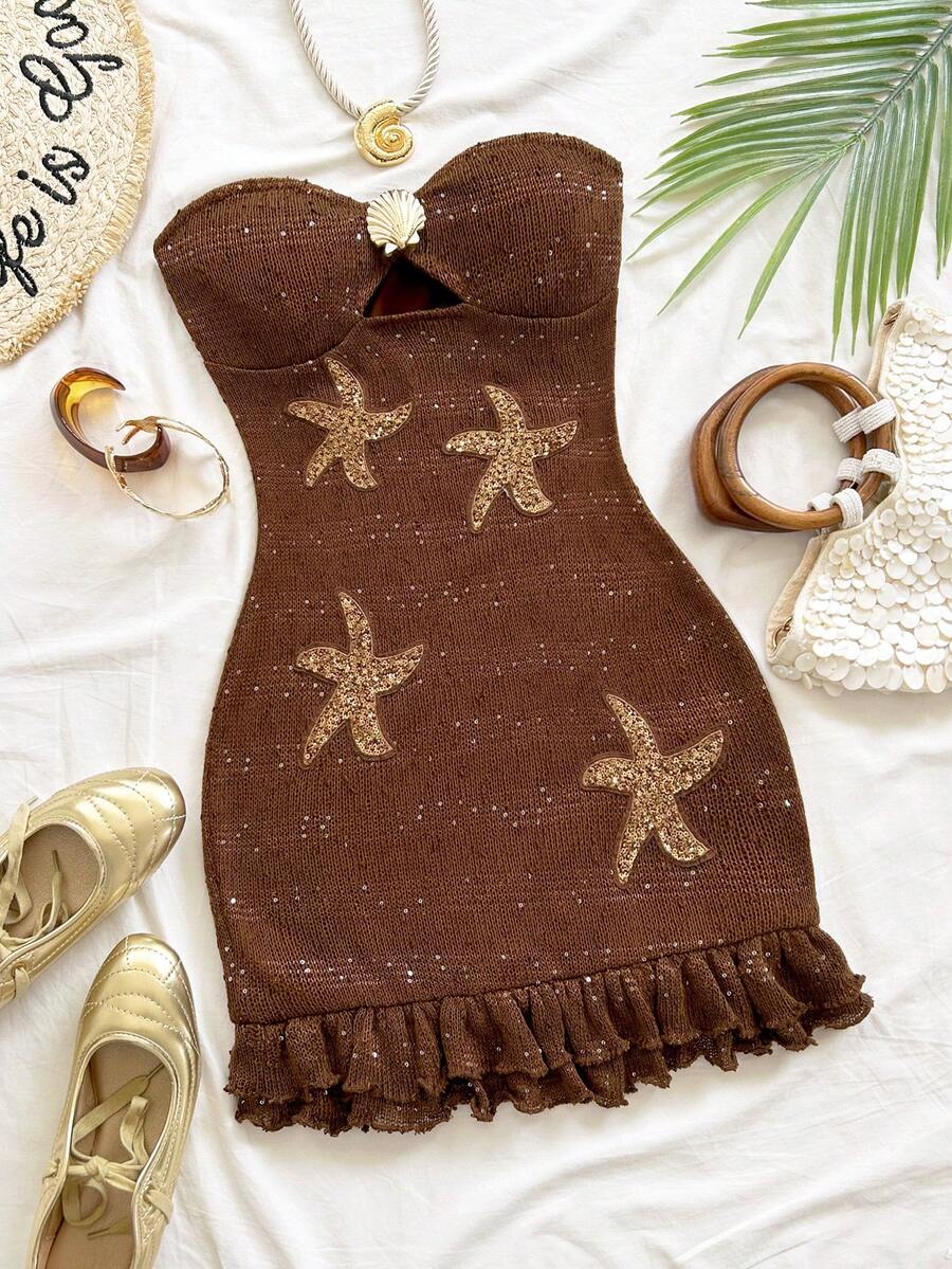 Soleia Beach Outfits For Women Vacation Dress  Women's Sequin Starfish Decor Sexy Bandeau Mini Dress Carnival Women  Party Outfit   Brown Dress  Sequin Skirt - Brown - View 1