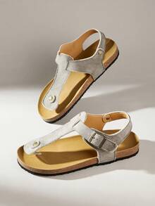 Solecia Sandalias casuales de mujer para primavera y verano, sandalias planas de tira entre los dedos de unicolor para vacaciones de primavera y Pascua - Gris terciopelo - Ver 6