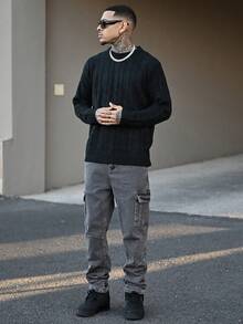 Devon Thys 黑色圆领抽绳提花休闲学院风英伦风套头毛衣，男士春秋冬款，长袖上衣 - 黑色 - 查看 1