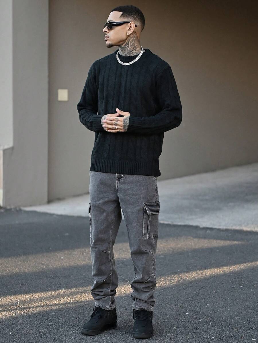 Devon Thys 黑色圆领抽绳提花休闲学院风英伦风套头毛衣，男士春秋冬款，长袖上衣 - 黑色 - 查看 1