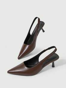 Sleekvia Women's Pointed Toe Kitten Heel Pumps, Slingback PU Leather Work Shoes With Buckle Strap, Coffee Brown - Brown - View 5