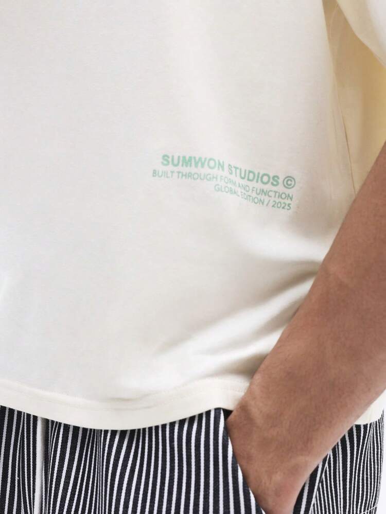 SUMWON Men Boxy Fit Short Sleeve Casual Cotton T-Shirt With Orange Citrus Lemon Botanical Back Print Design Crew Neck Summer Tee