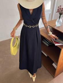 DAZY 优雅翻领束腰无袖纯色女式连衣裙 - 藏蓝色 - 查看 4