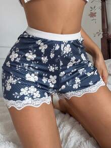 DAZY Ditsy Floral Lace Patchwork Women's Safety Shorts - Navy Blue - View 5